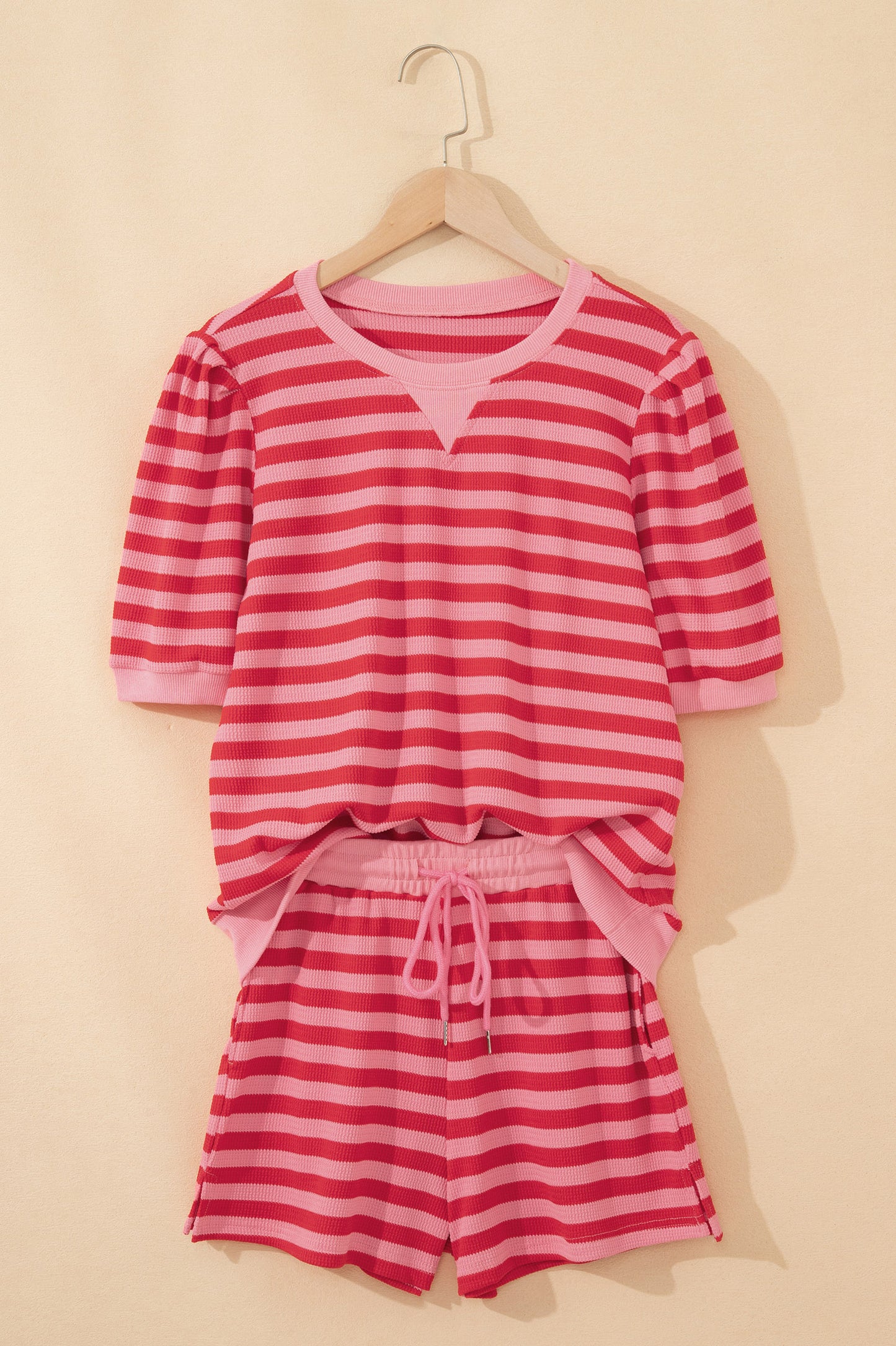 Green Stripe Puff Sleeve Lounge Set Drawstring Shorts