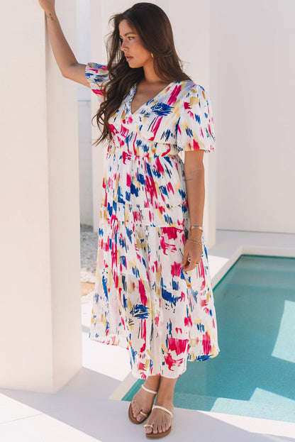 Abstract Print Puff Sleeve V Neck Tiered Maxi Dress