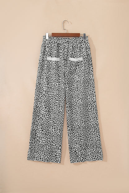 Khaki Animal Print Wide Leg Terry Knit Pants