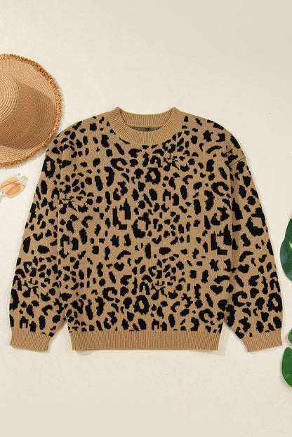 Light French Beige Ribbed Trim Round Neck Leopard Drop Shoulder Sweater