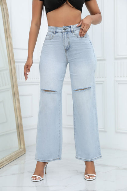 Plus Size Women's High Waist Ripped Distressed Cropped Jeans Straight Leg Denim Pants