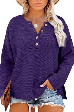 Women's Oversized Sweaters Batwing Long Sleeve Loose V Neck Button Henley Tops Pullover Knit