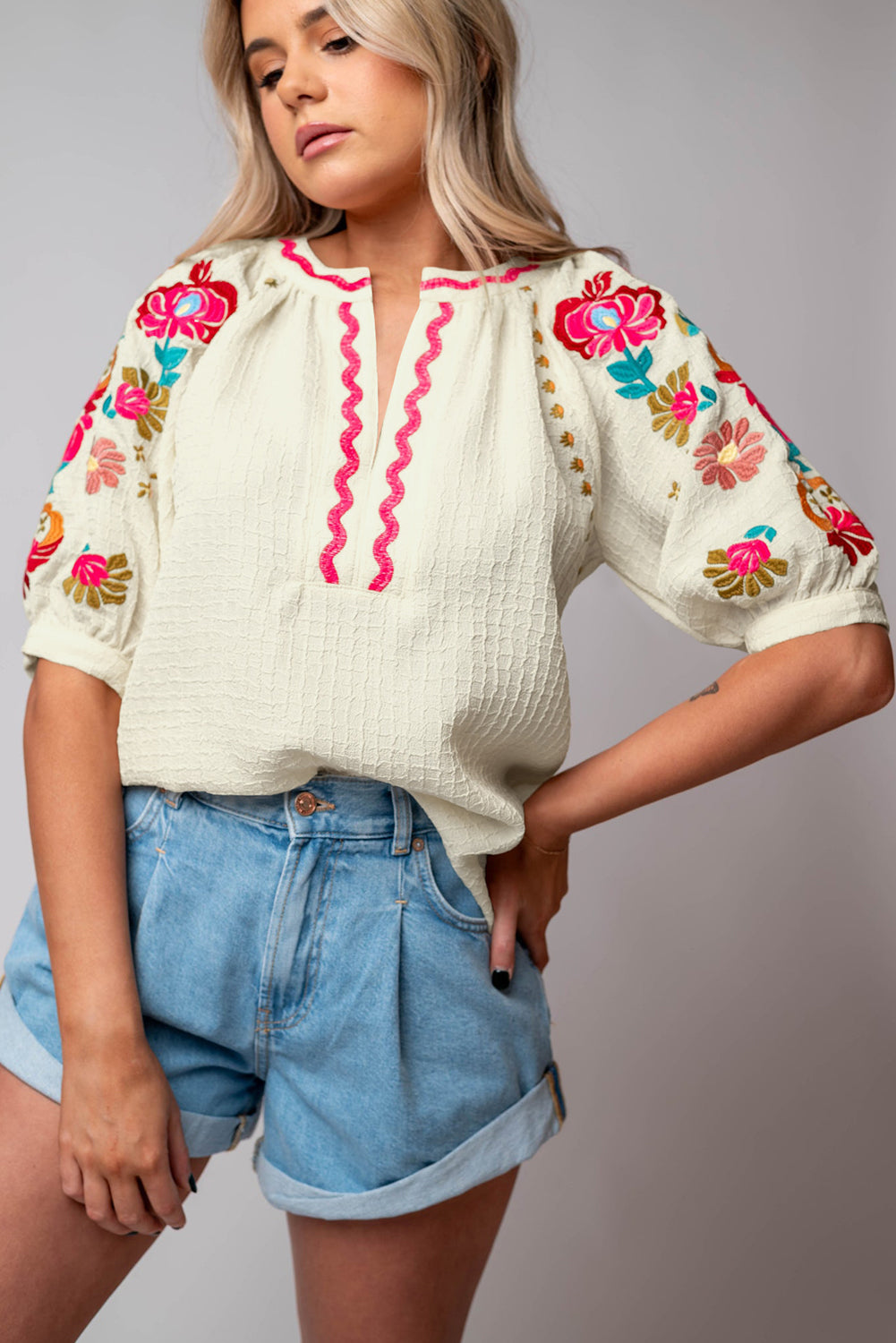 Floral Embroidered Ricrac Puff Sleeve Textured Blouse