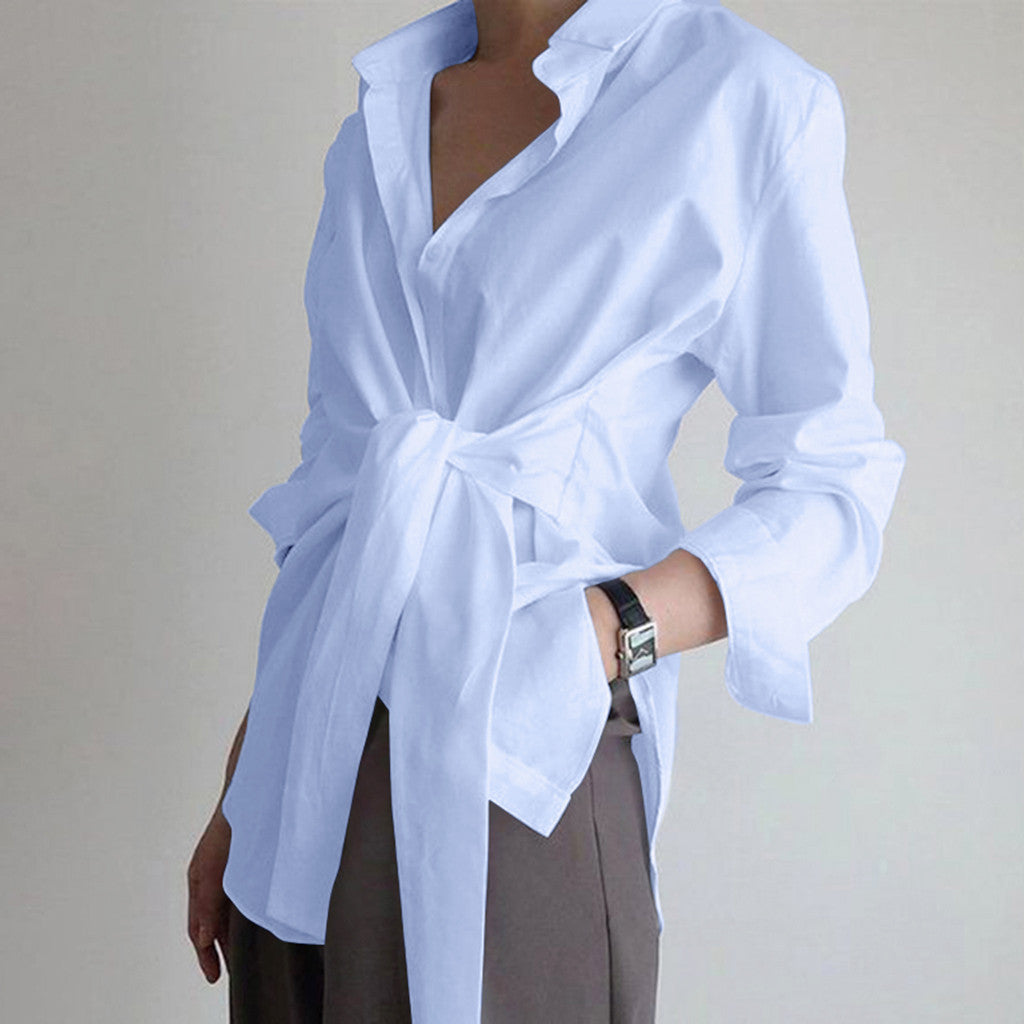 Women's Oversized Tie Front Button Down Long Sleeve Shirt