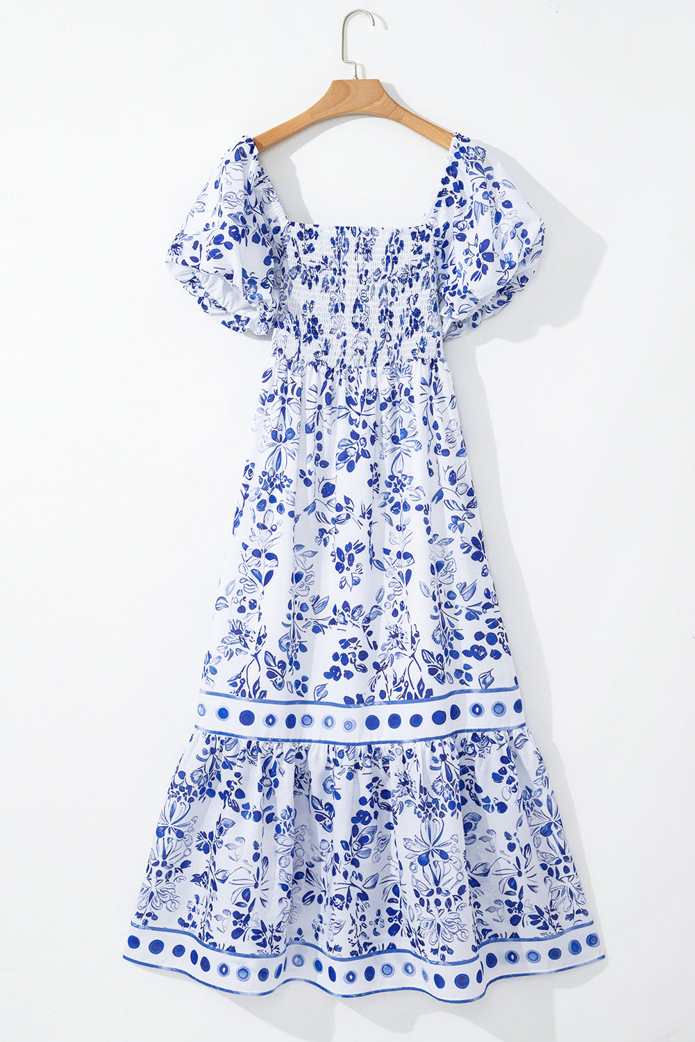 Blue Floral Square Neck Smocked Maxi Dress