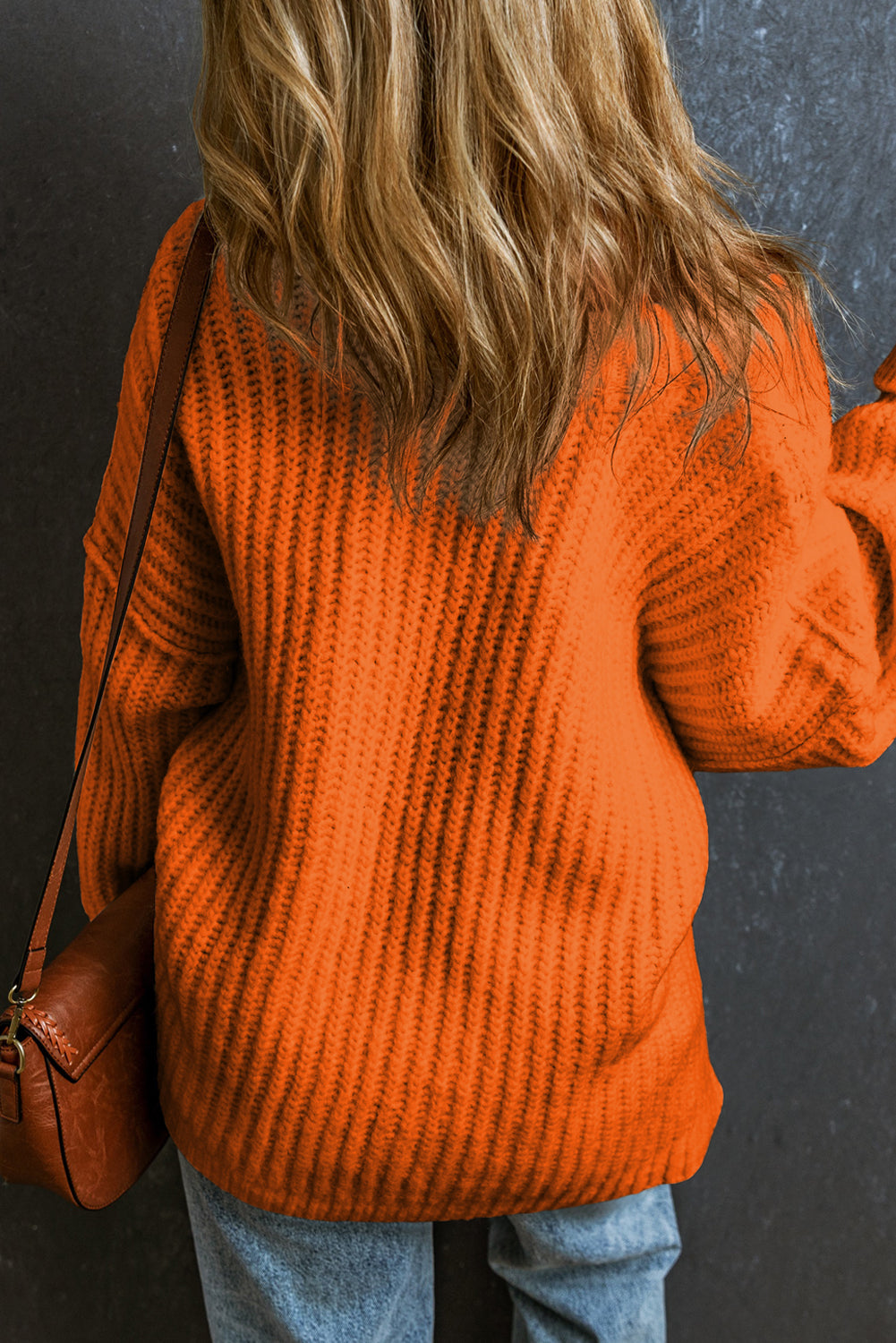 Orange Ribbed Knit Sweater Oversized Wide Neck Pullover