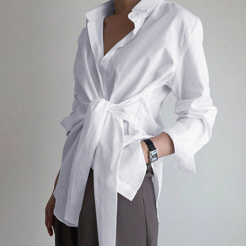 Women's Oversized Tie Front Button Down Long Sleeve Shirt