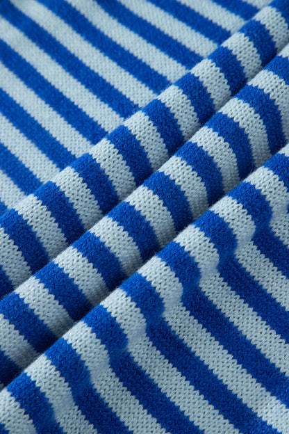 Blue Stripe Knit Cardigan Half Sleeve Button Front Sweater