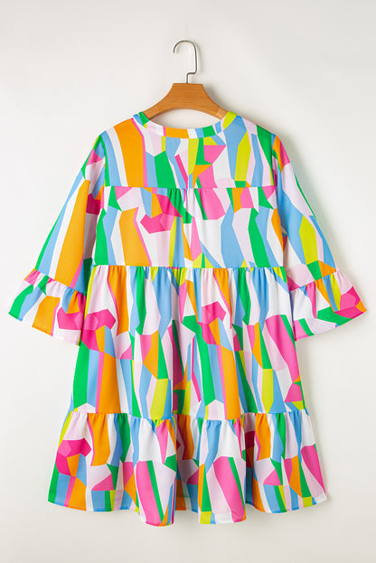 Green Abstract Print Tiered V Neck Ruffle Sleeve Dress