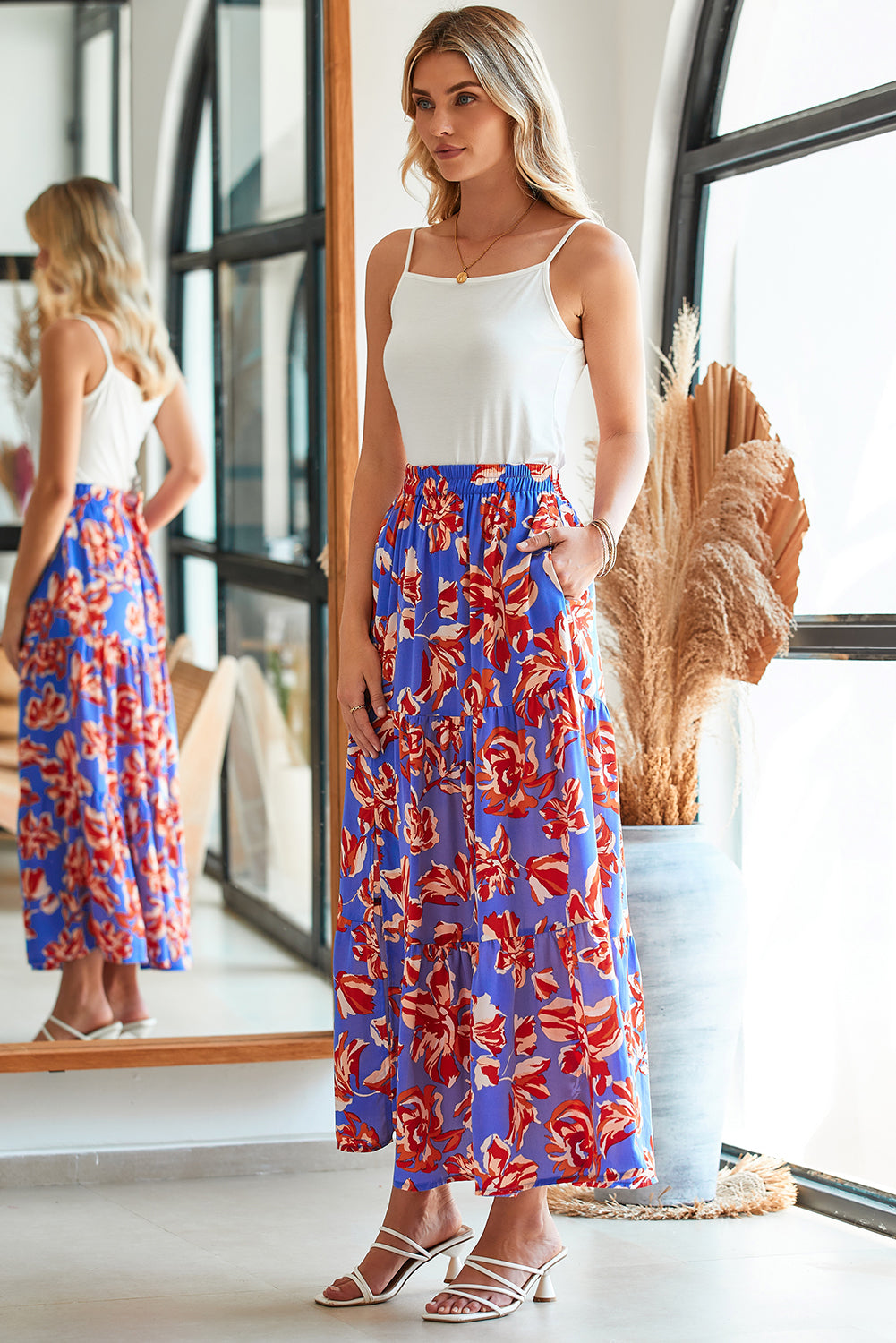 Blue Bohemian Floral Print Tiered Maxi Skirt with Split