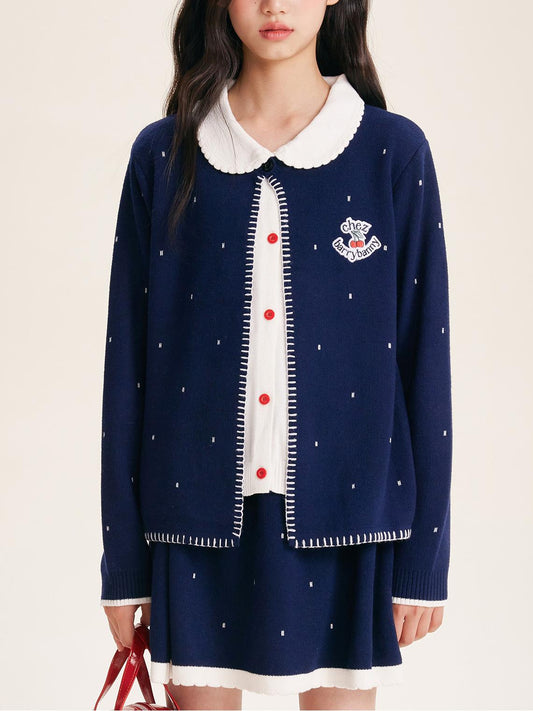 Girls Navy Knit Set with Peter Pan Collar
