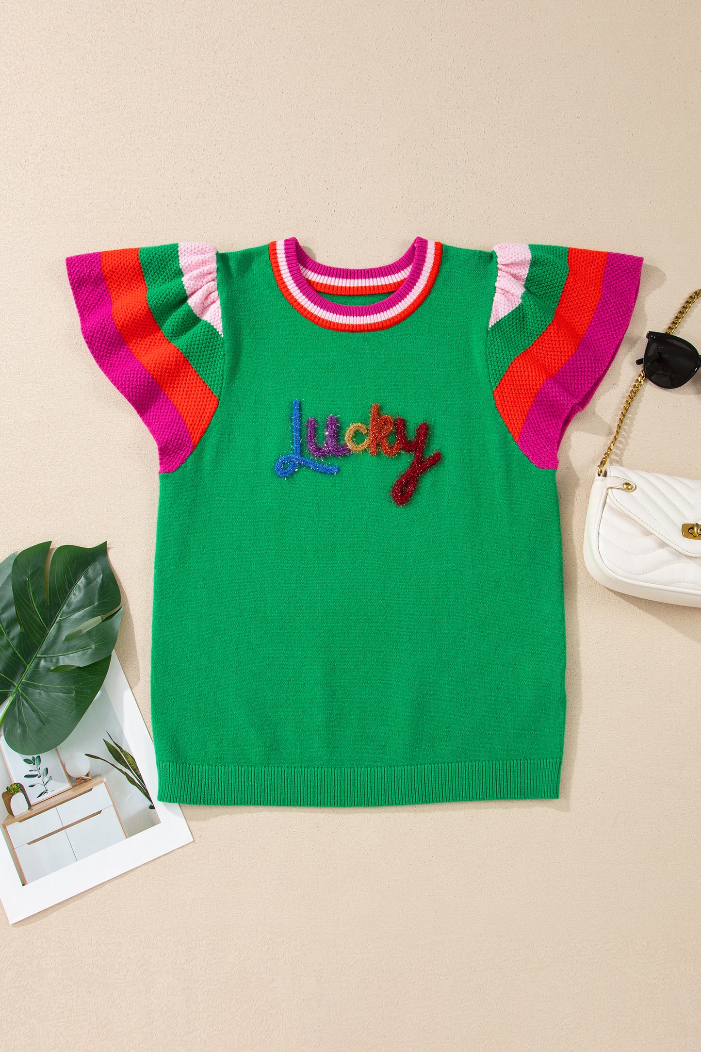 Green St Patrick Lucky Embroidered Striped Sleeve Knit Tee