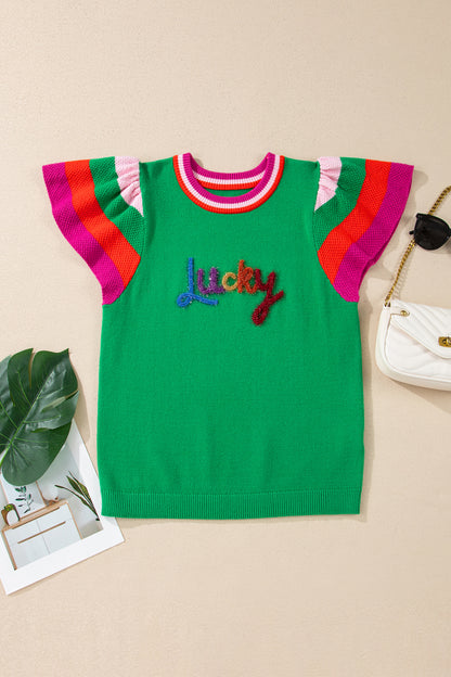 Green St Patrick Lucky Embroidered Striped Sleeve Knit Tee