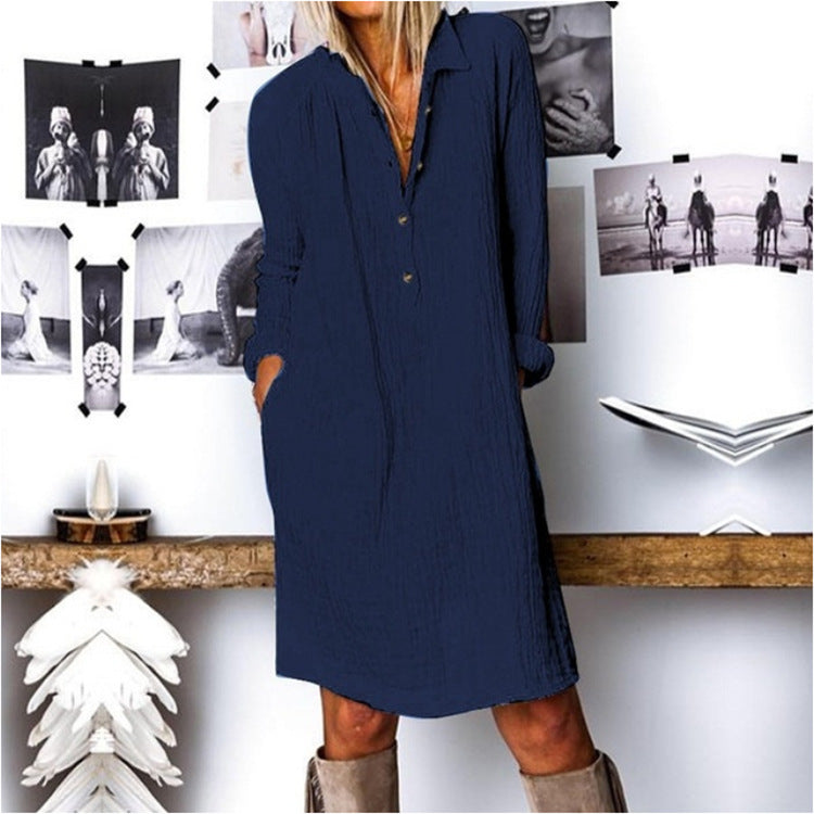 Women's Long Sleeve Button Down Shirt Dress with Pockets