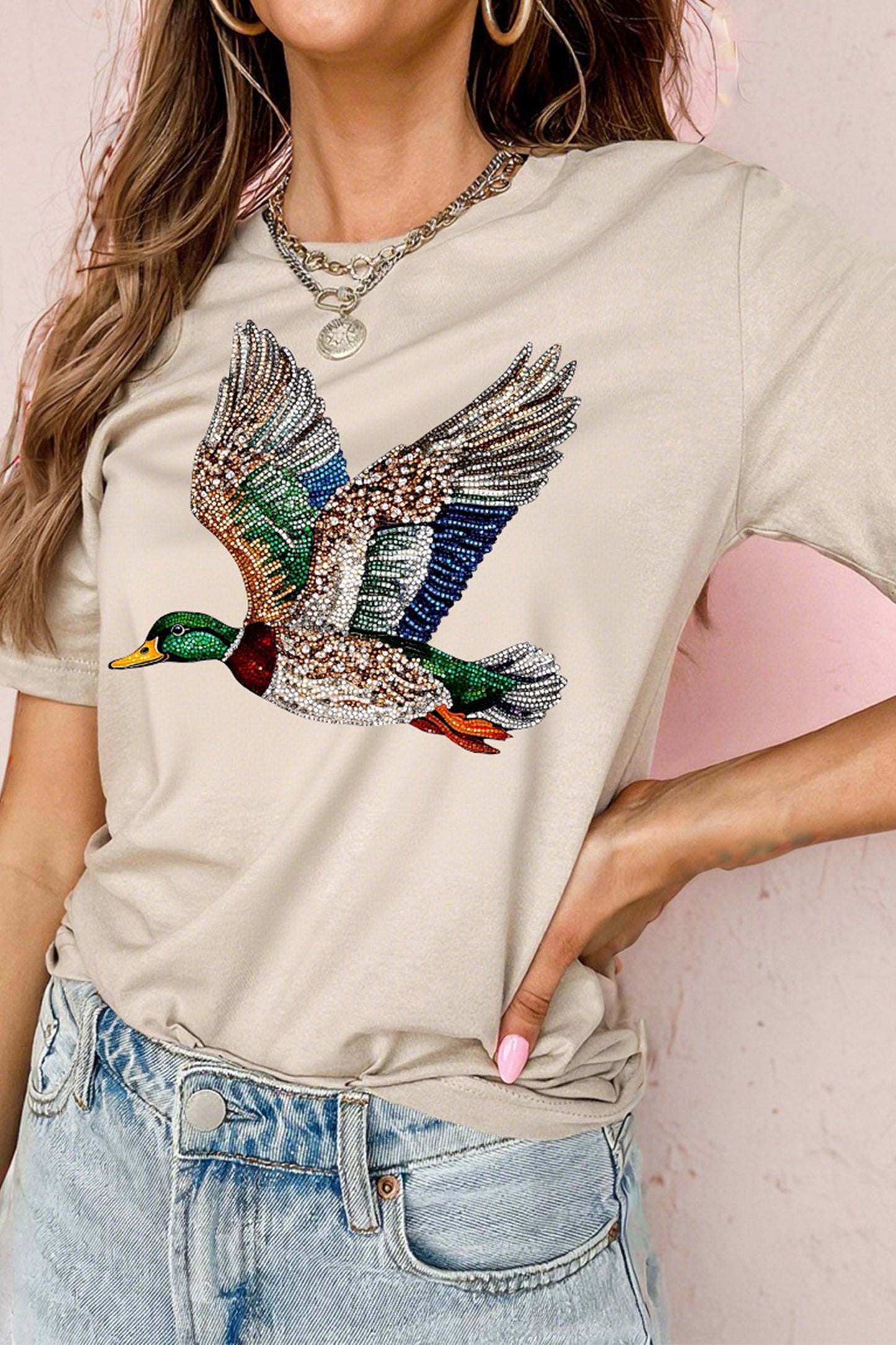Rhinestone Duck Graphic Tee Crew Neck Casual T Shirt