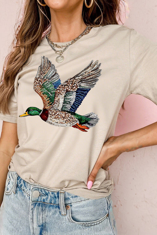Rhinestone Duck Graphic Tee Crew Neck Casual T Shirt