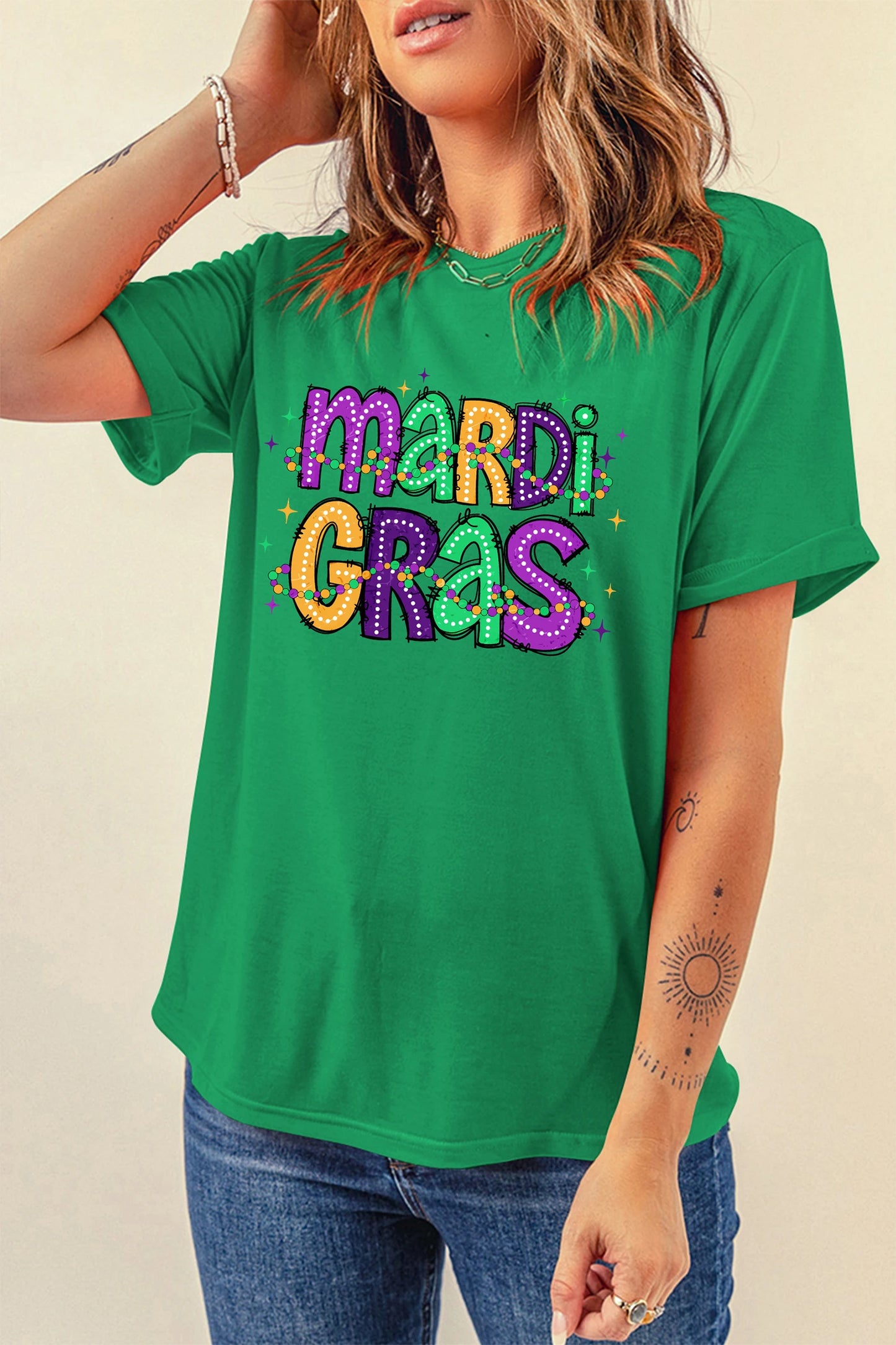Green Mardi Gras Graphic Tee Colorful Letter Print Top