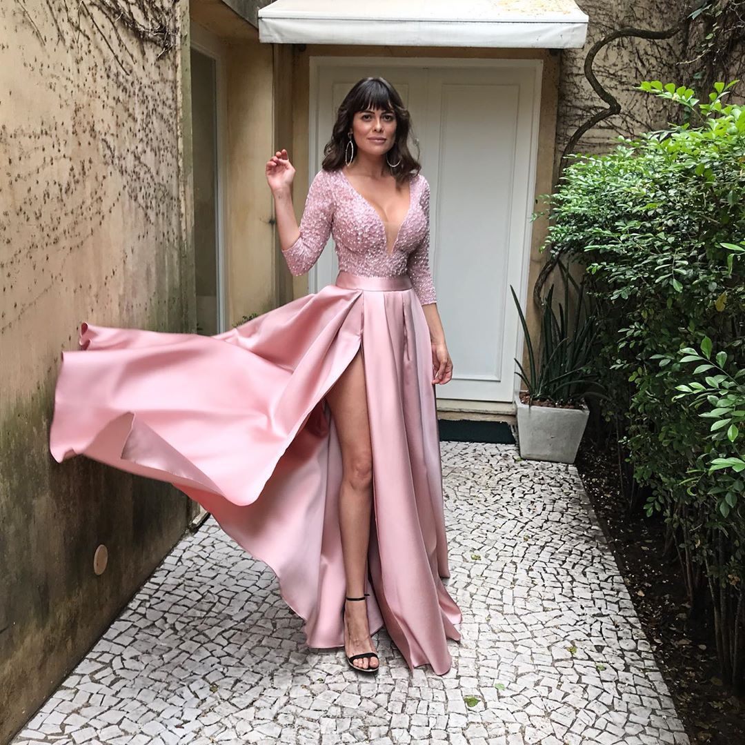 Deep V-Neck Lace Long Sleeve Satin Evening Gown with Slit