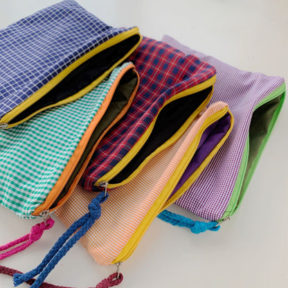 Plaid Contrasting Color Colored Cotton Cloth Portable Storage Bag