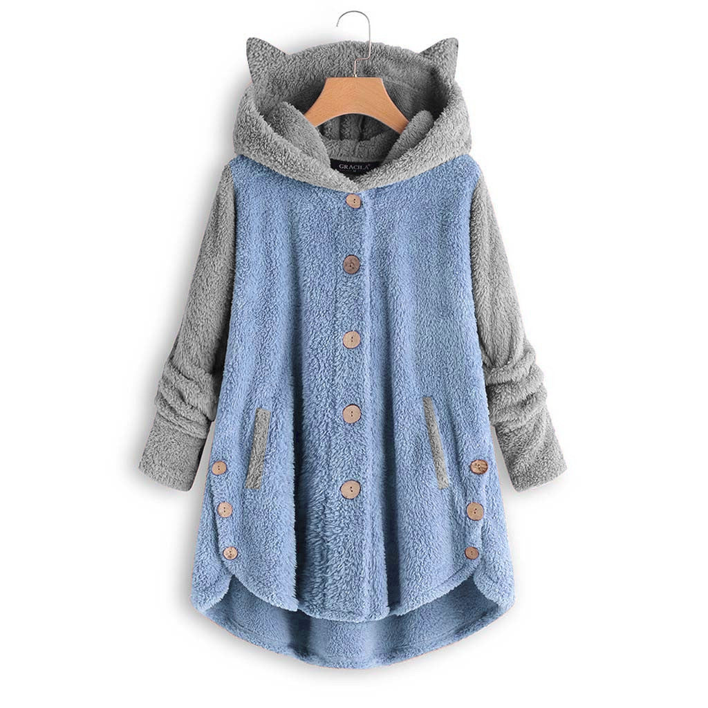 Women's Cat Ear Hooded Sherpa Jacket Color Block