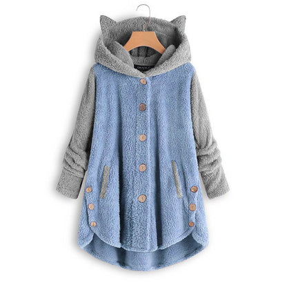Women's Cat Ear Hooded Sherpa Jacket Color Block