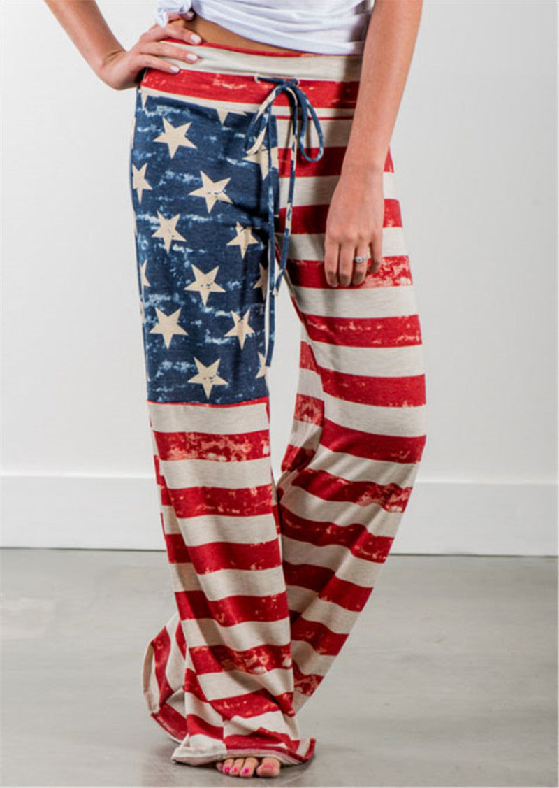 Womens American Flag High Waist Wide Leg Lounge Pants