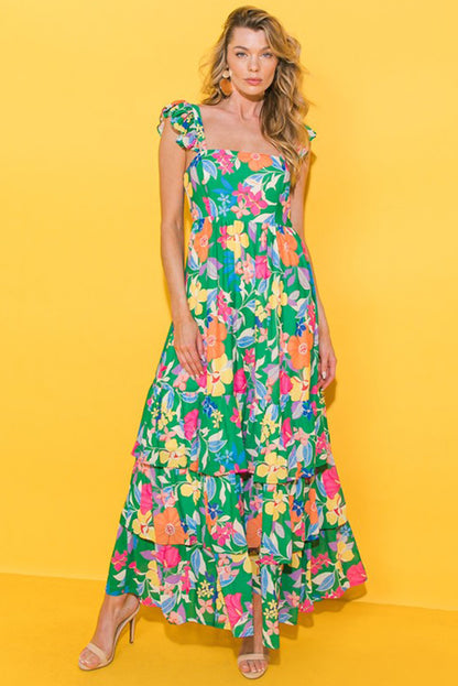 Easter Floral Square Neck Ruffle Strap Maxi Dress
