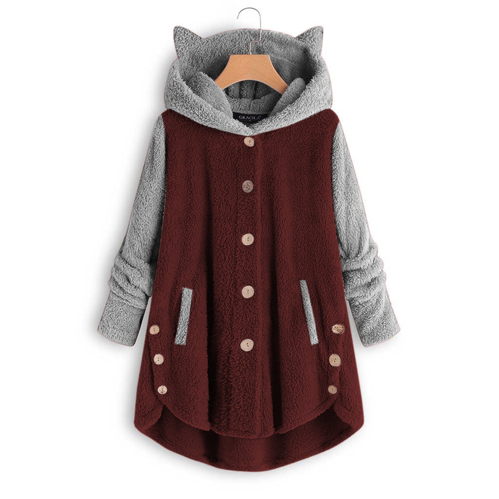 Women's Cat Ear Hooded Sherpa Jacket Color Block