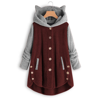 Women's Cat Ear Hooded Sherpa Jacket Color Block