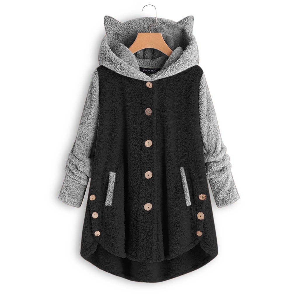 Women's Cat Ear Hooded Sherpa Jacket Color Block