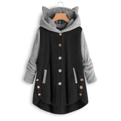 Women's Cat Ear Hooded Sherpa Jacket Color Block