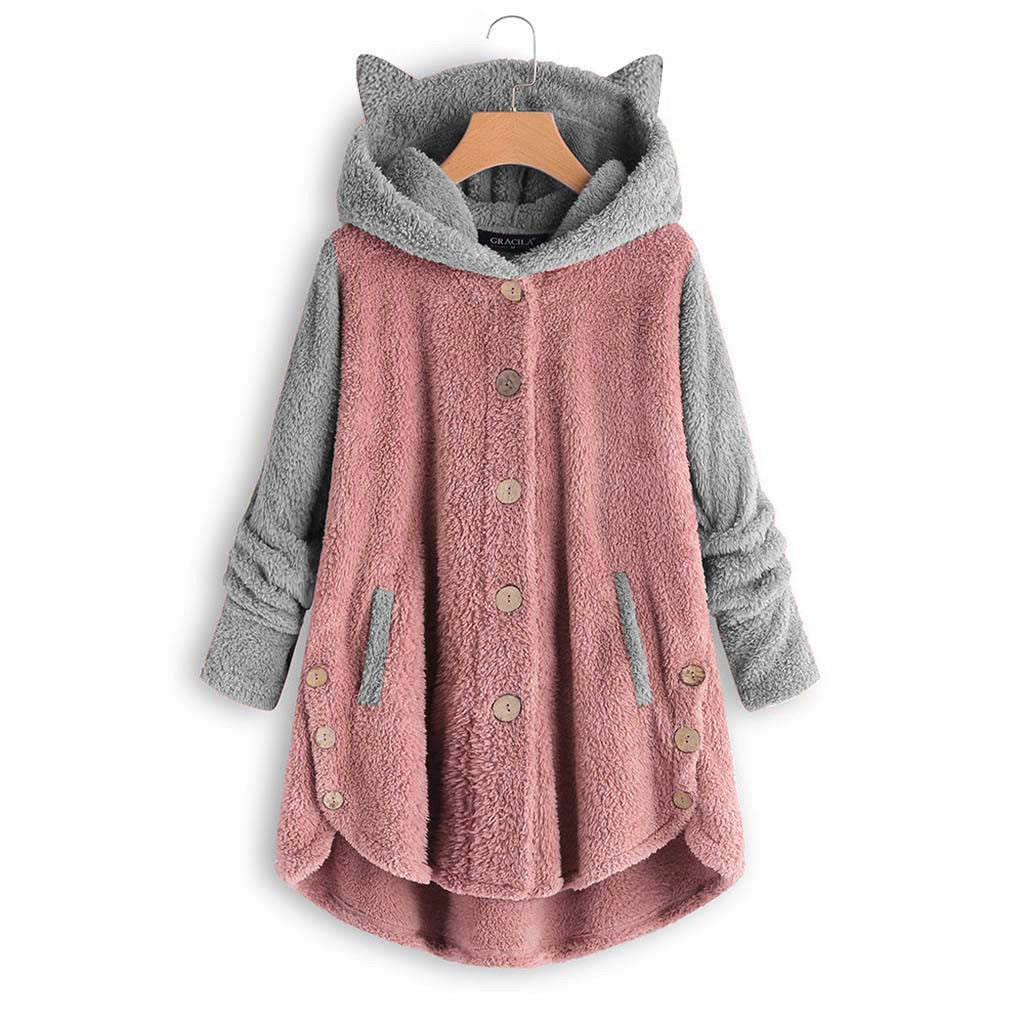 Women's Cat Ear Hooded Sherpa Jacket Color Block