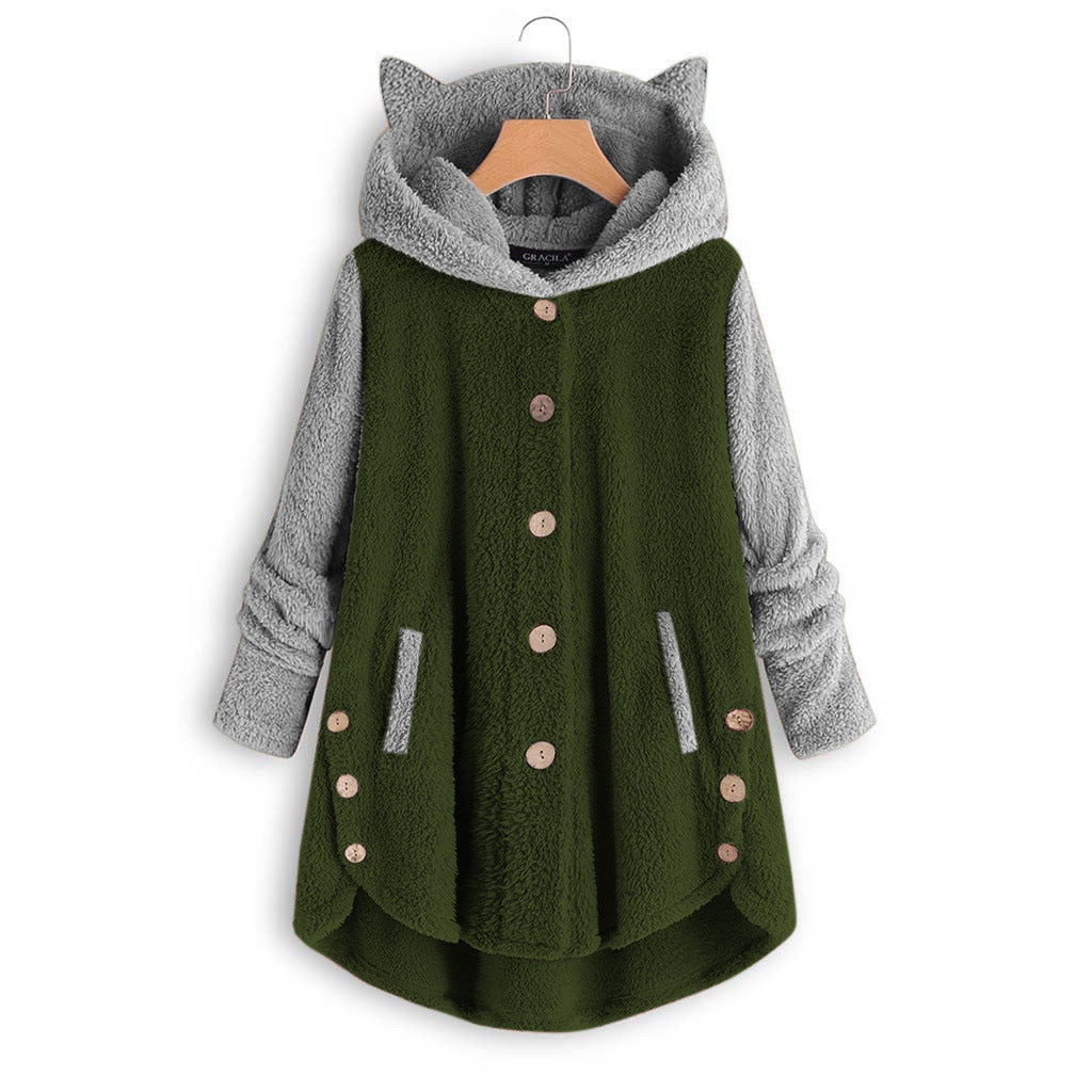 Women's Cat Ear Hooded Sherpa Jacket Color Block