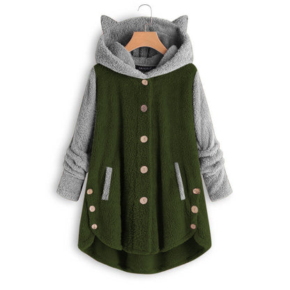Women's Cat Ear Hooded Sherpa Jacket Color Block