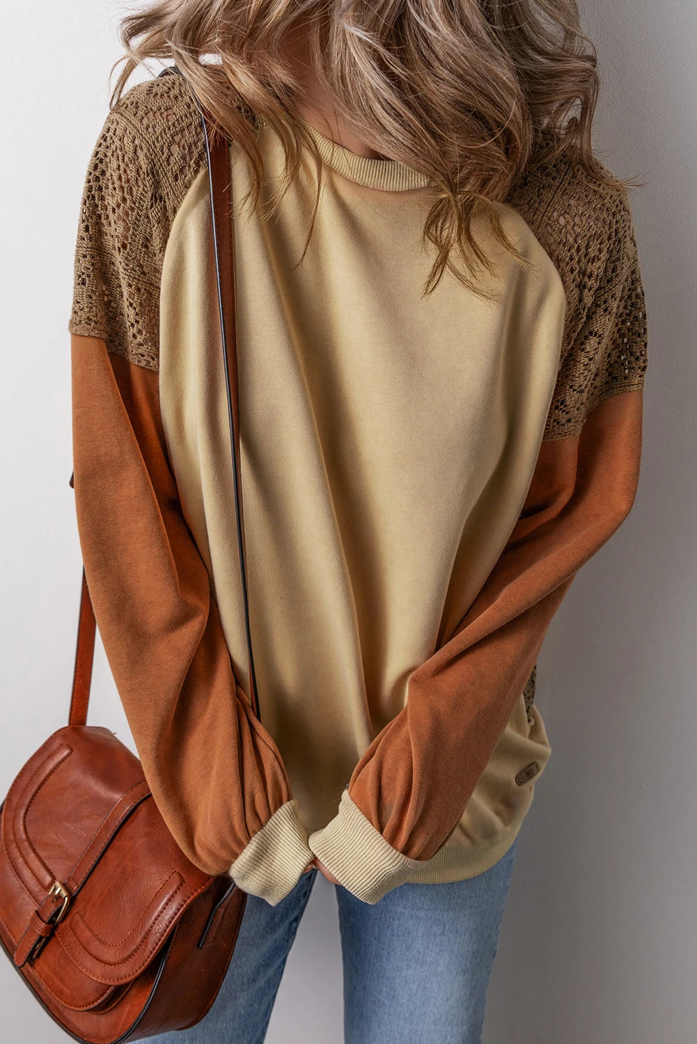 Customizable Khaki Lace Patchwork Colorblock Drop Shoulder Sweatshirt