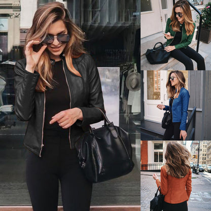 Women's Faux Leather Moto Blazer Jacket Slim Fit Zip-Up