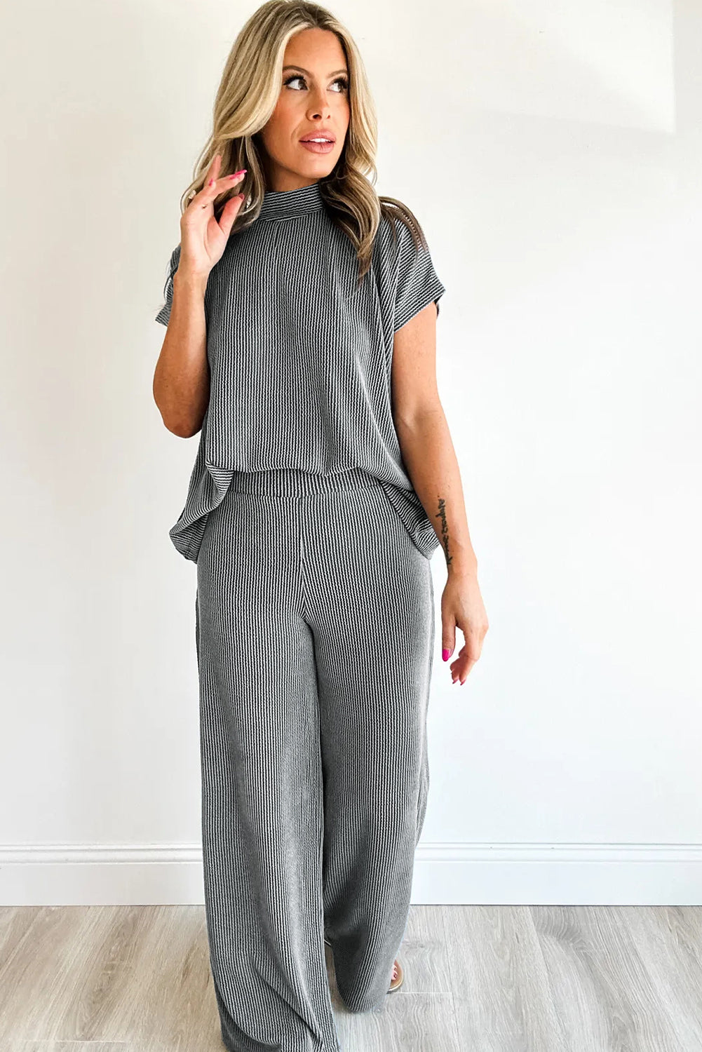 Burgundy Ribbed High Neck Tee Wide Leg Pant Set