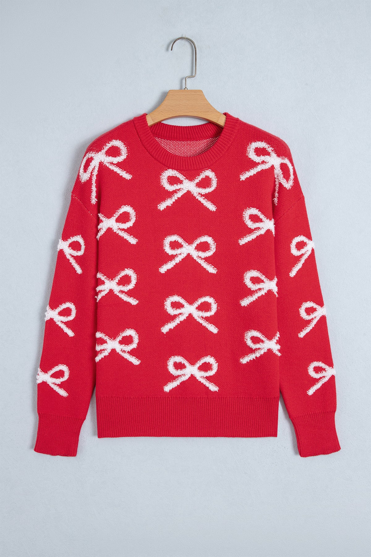 Fiery Red All Over Bow Dropped Shoulder Round Neck Shift Sweater