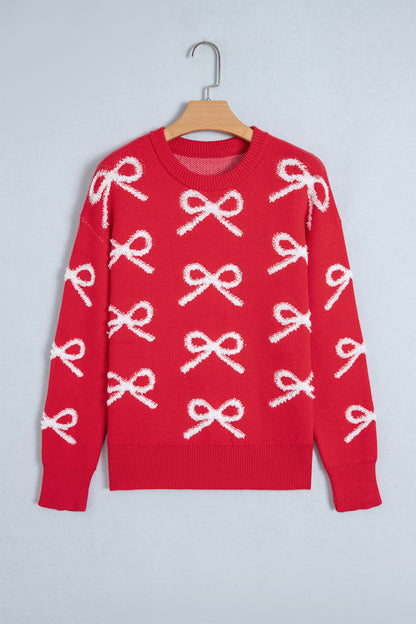 Fiery Red All Over Bow Dropped Shoulder Round Neck Shift Sweater