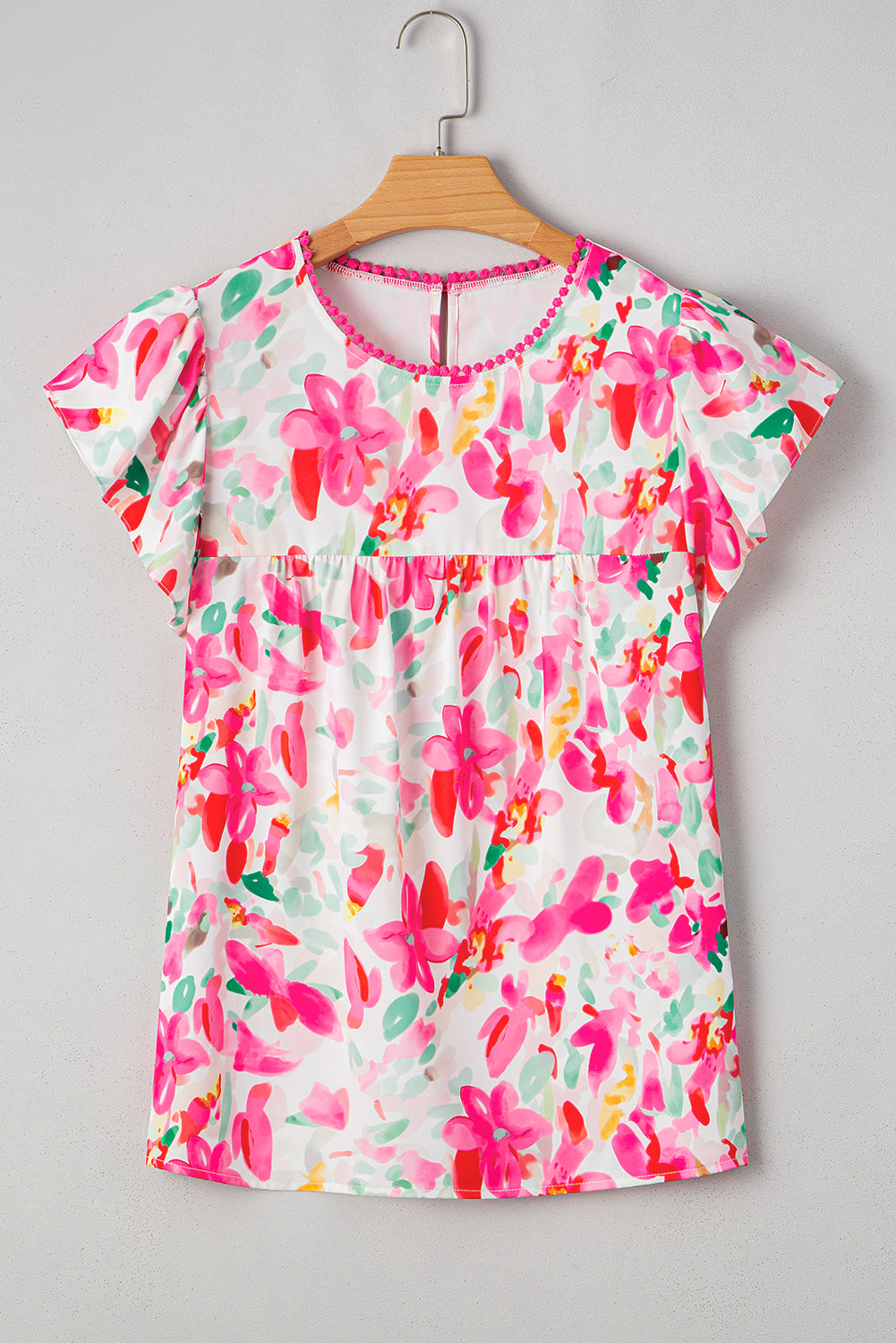 Rose Floral Flutter Sleeve Round Neck Casual Blouse