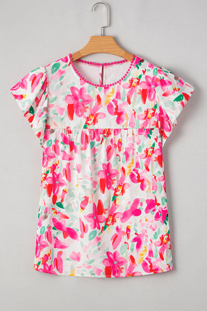 Rose Floral Flutter Sleeve Round Neck Casual Blouse