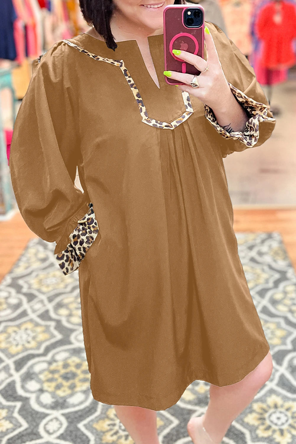 Evergreen Plus Size Notched Neck Leopard Trim Flounce Long Sleeve Shift Dress