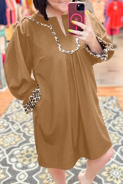 Evergreen Plus Size Notched Neck Leopard Trim Flounce Long Sleeve Shift Dress