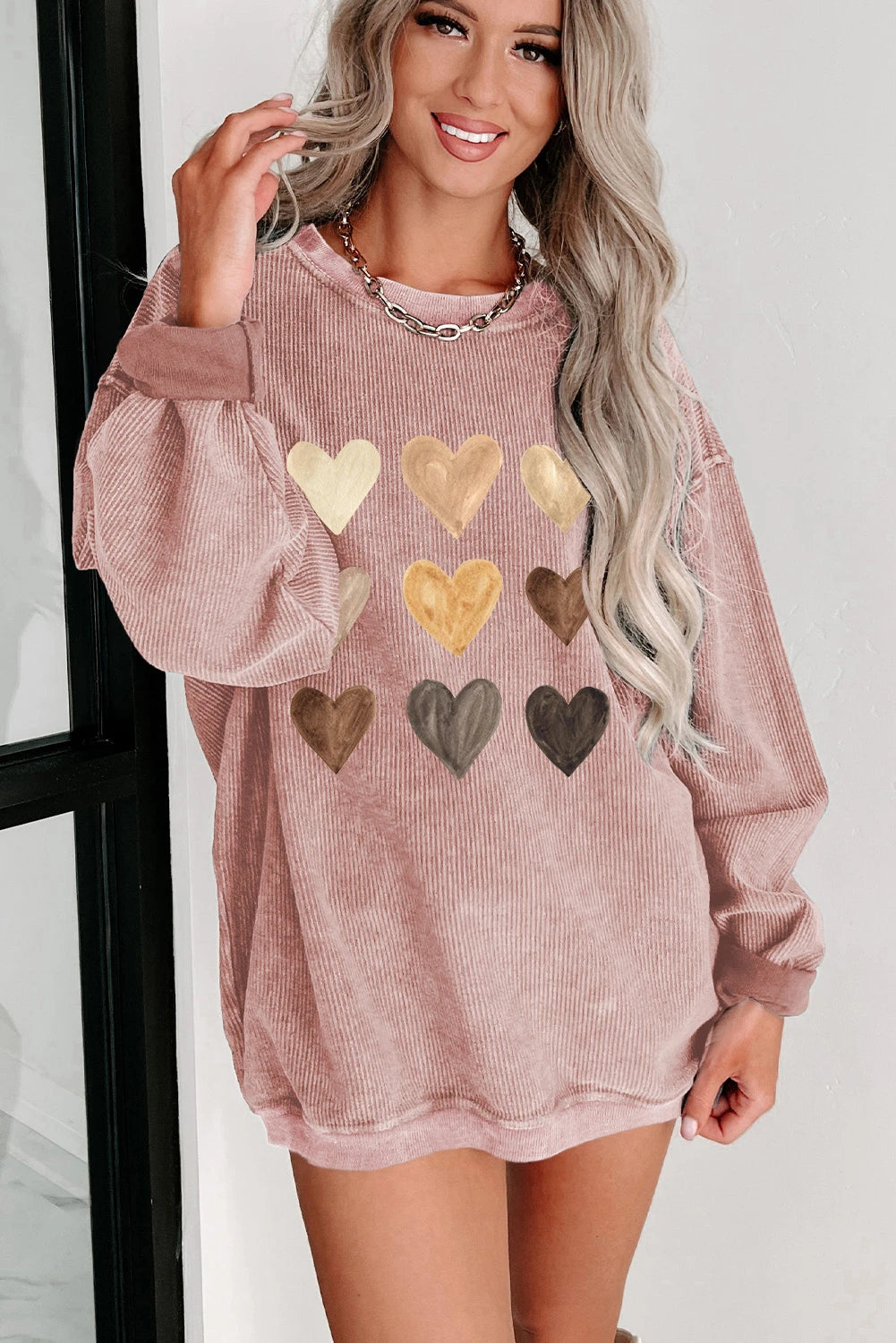 Pink Valentine Heart Graphic Corded Pullover Sweatshirt