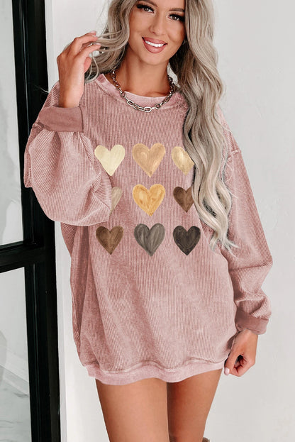 Pink Valentine Heart Graphic Corded Pullover Sweatshirt