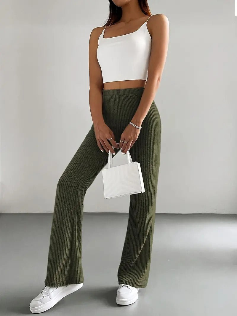 High Waist Ribbed Knit Flare Pants for Women