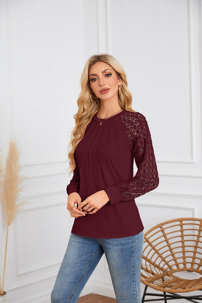 Lace Sleeve Pleated Blouse - Round Neck Long Sleeve Top