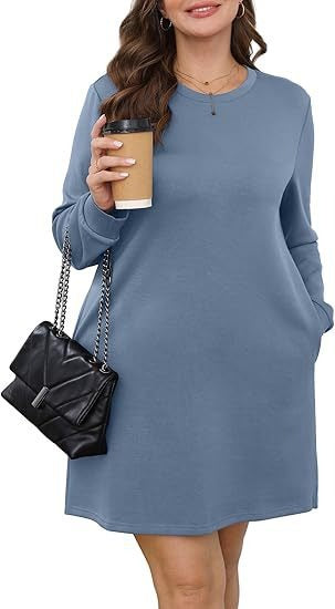 Cozy Long Sleeve Crewneck Sweatshirt Dress with Pockets