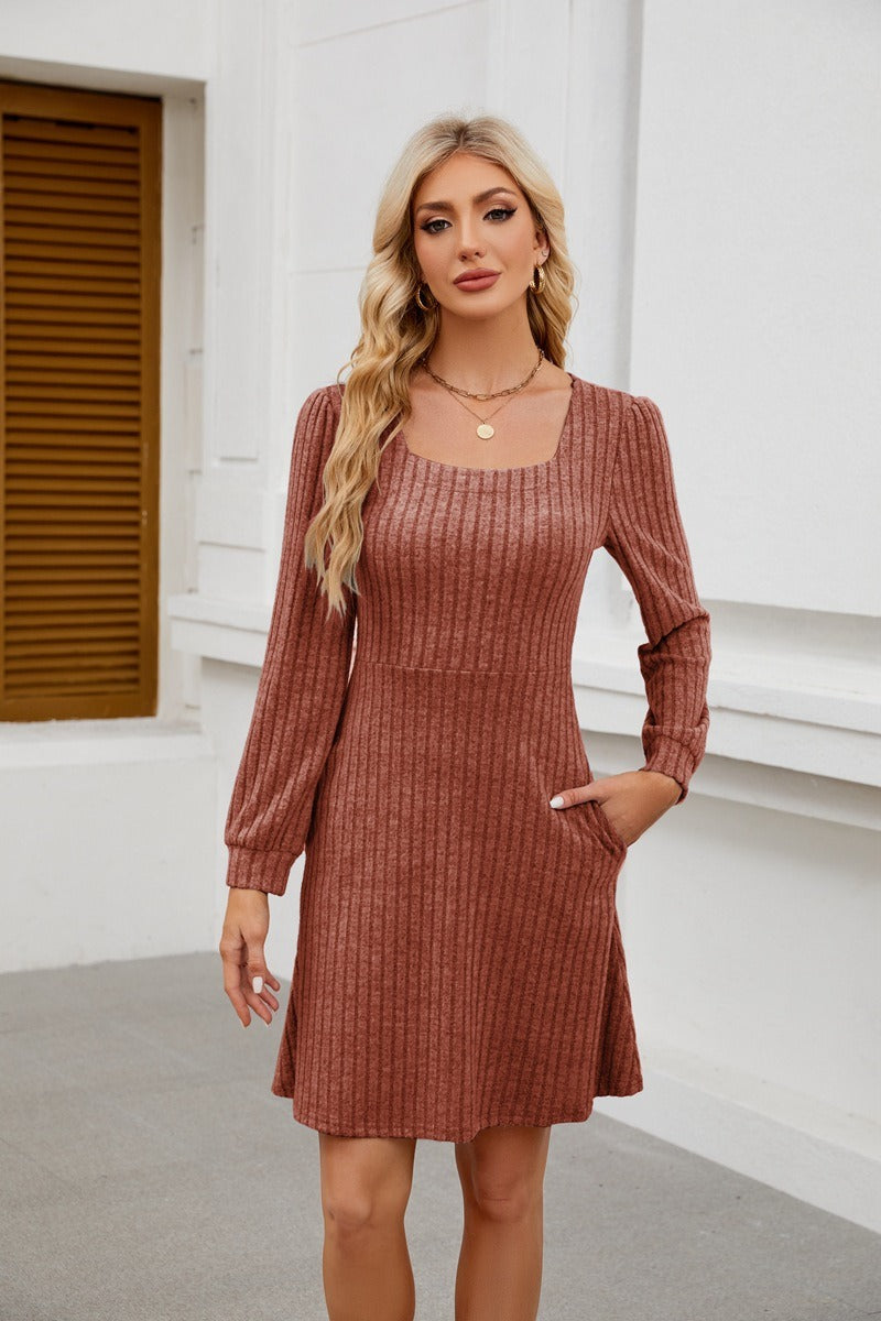Square Neck Ribbed Knit Dress with Pockets