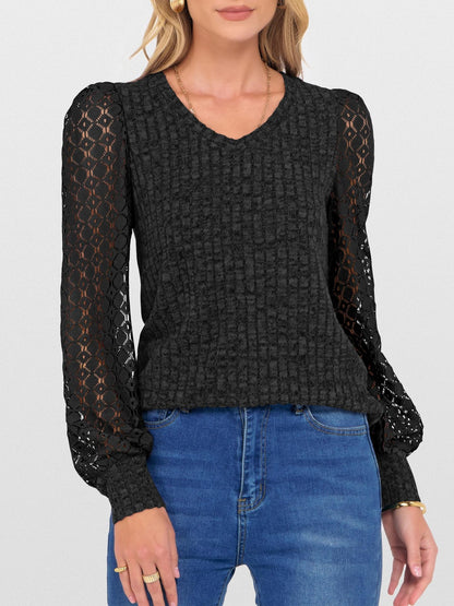 V-Neck Knit Top with Lace Puff Long Sleeves